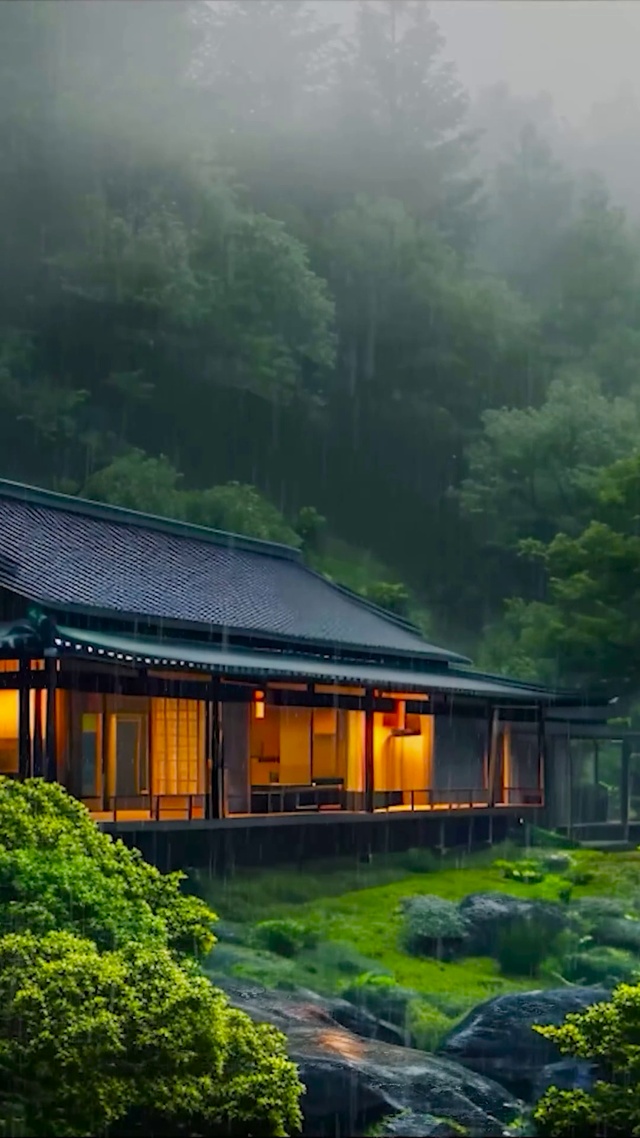 山间云雾雨天木屋 