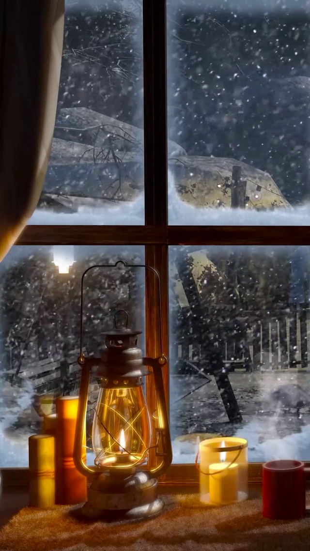 冬日温馨小屋窗外大雪