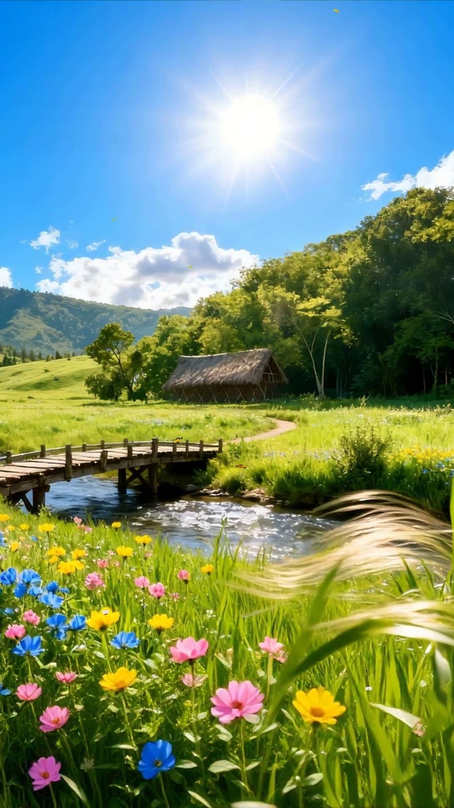 护眼蓝天白云树木河流