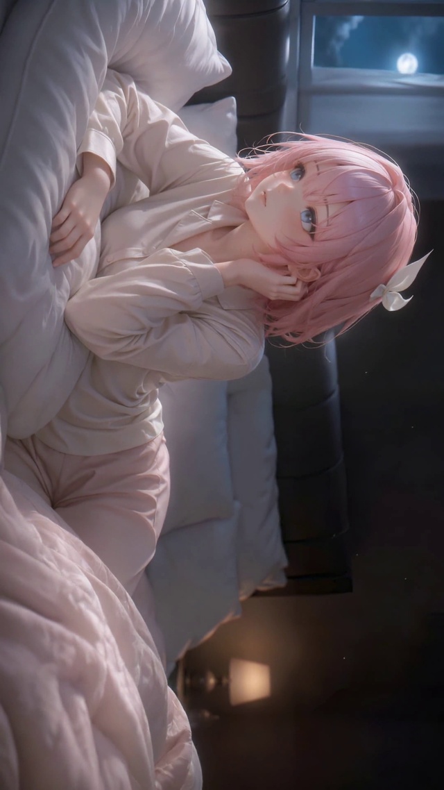 月夜卧室粉发温柔美少女