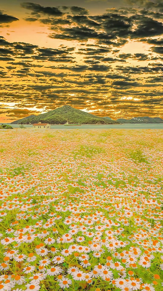 唯美晚霞小雏菊花海