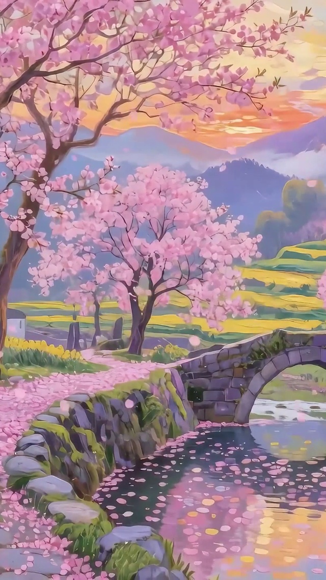 樱花树木河流