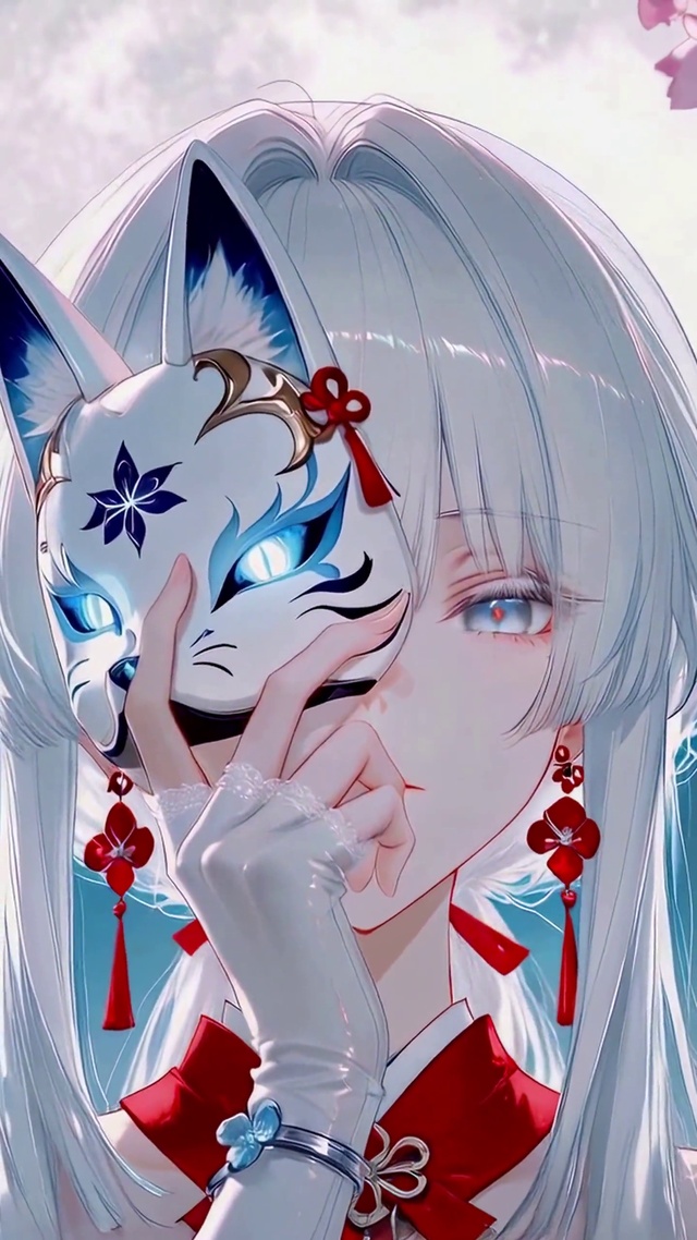 月下樱花狐面白发美少女
