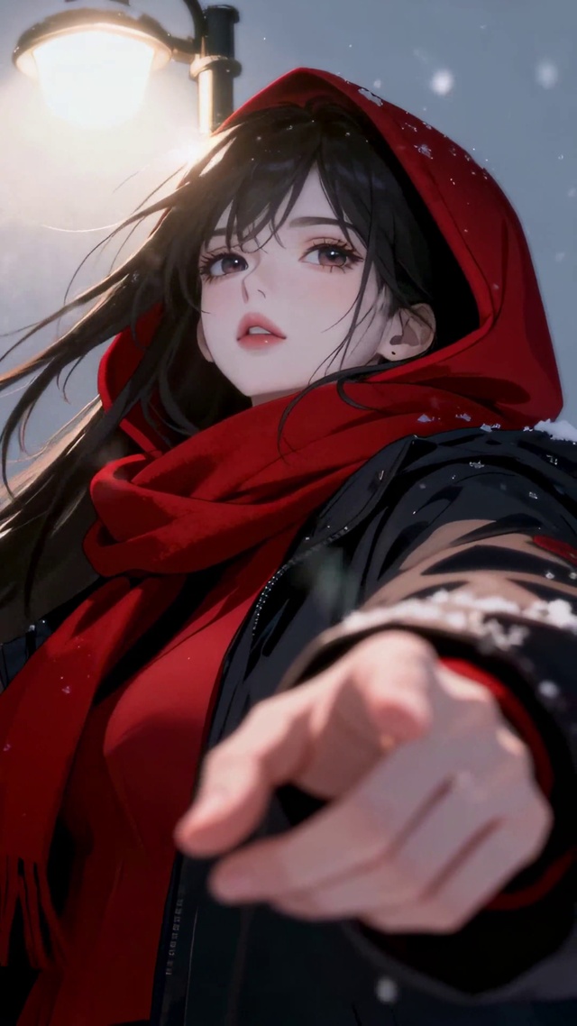 冬夜雪中红围巾美少女