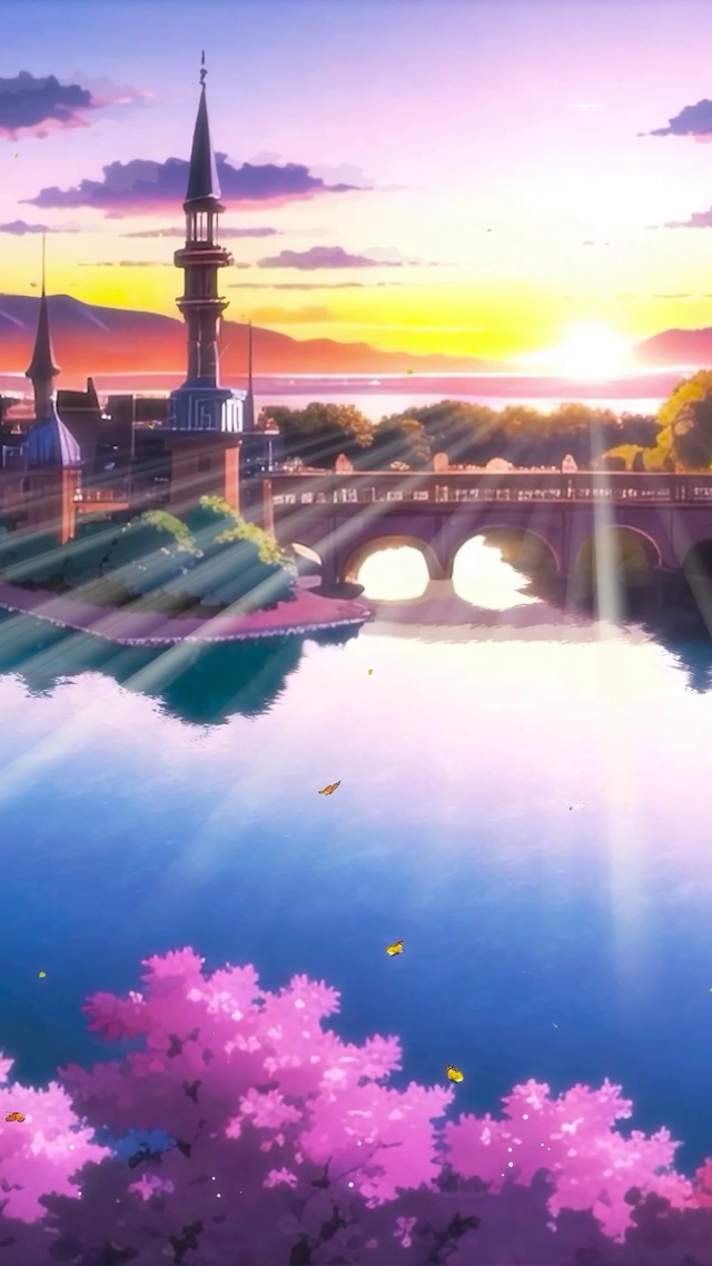 插画海边夕阳小镇