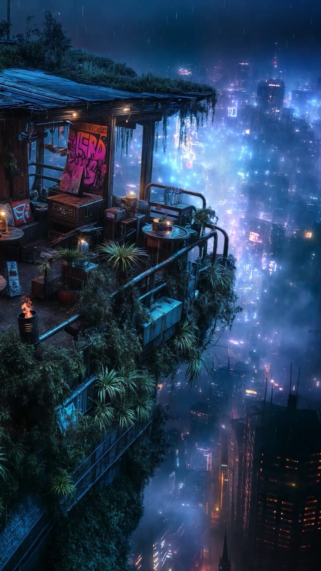 雨夜城市天台小屋