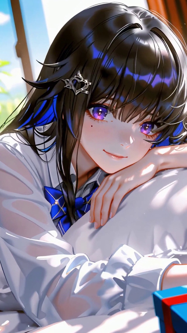 慵懒卧床蓝发JK美少女