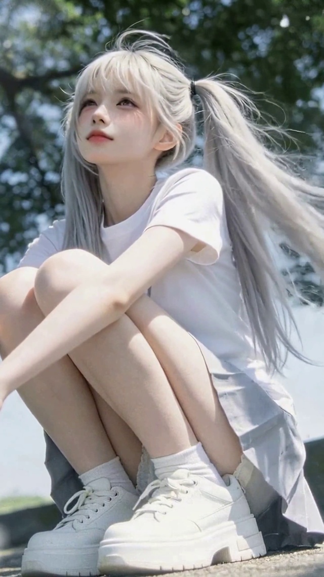 树下清新银发双马尾美少女