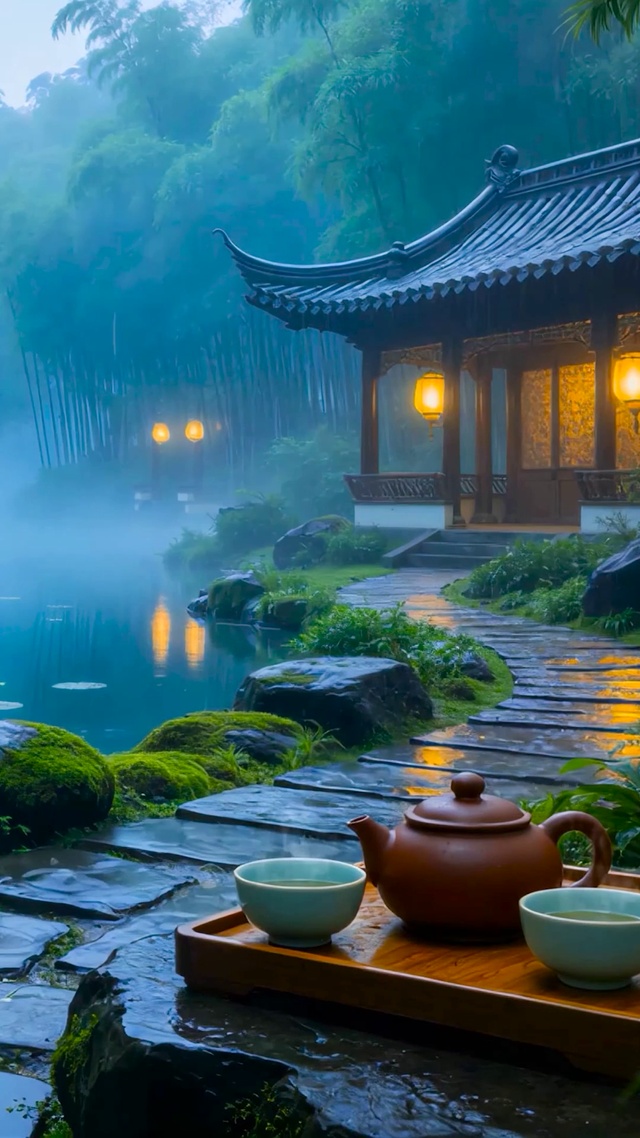庭院竹林雨景