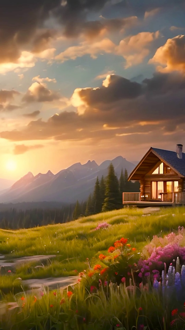 夕阳下的山顶小屋