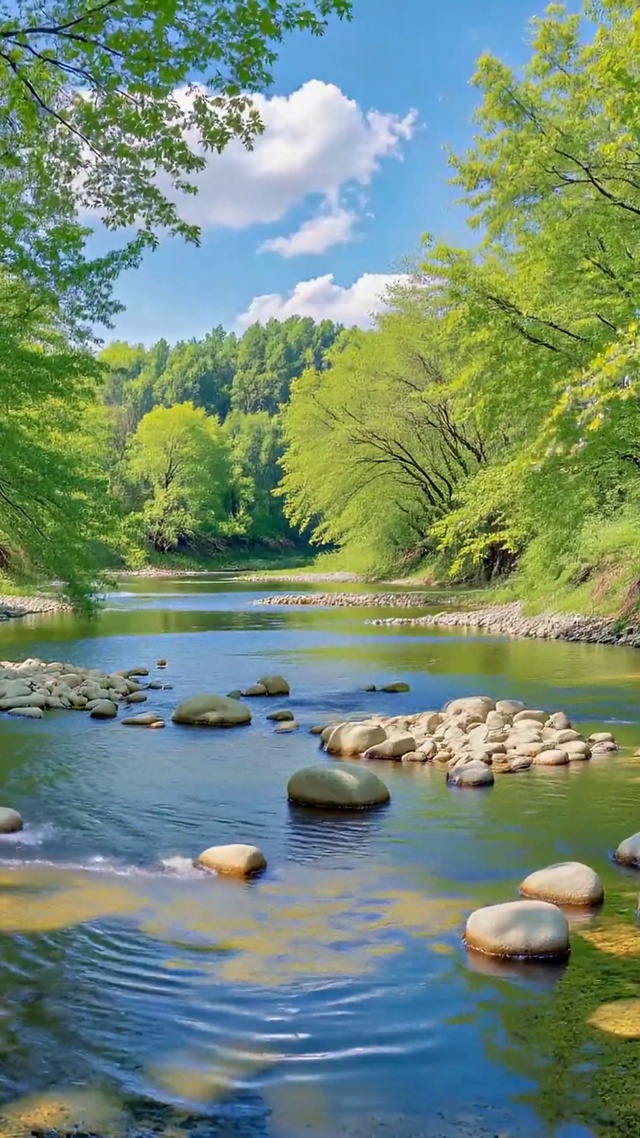 绿意盎然林间溪流风景