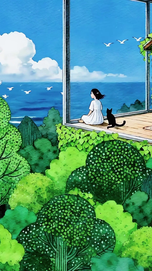 空中绿植房观海的少女