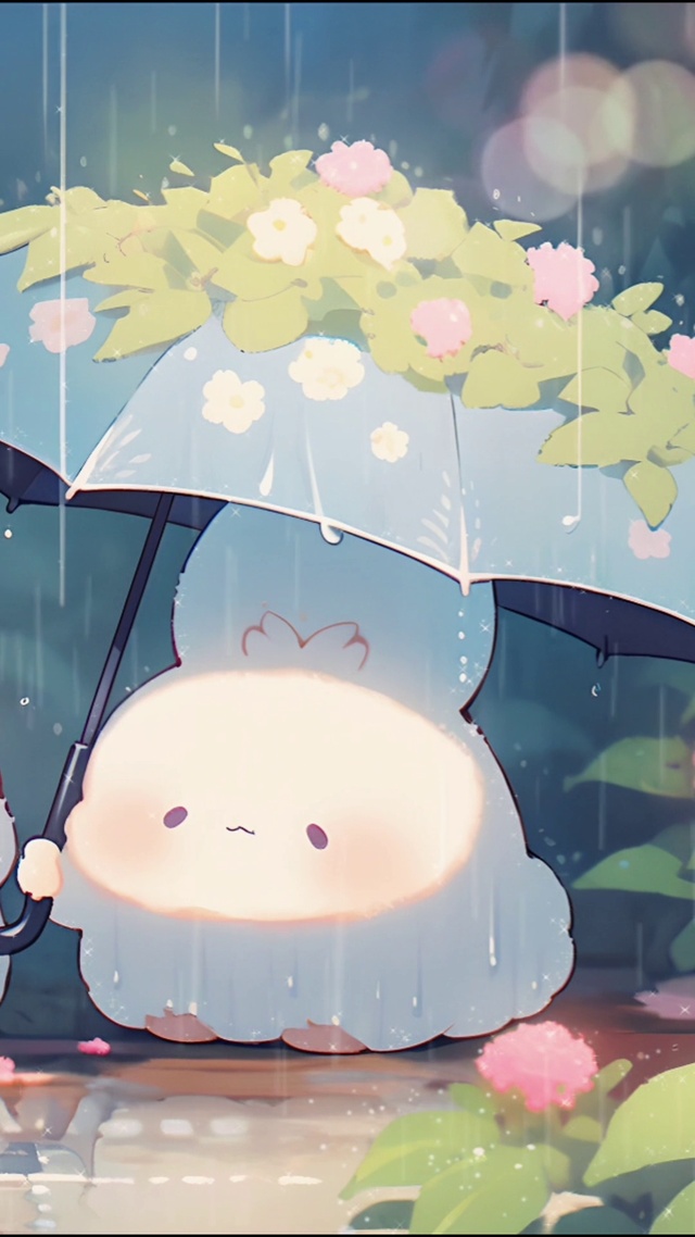 小兔兔雨中撑伞