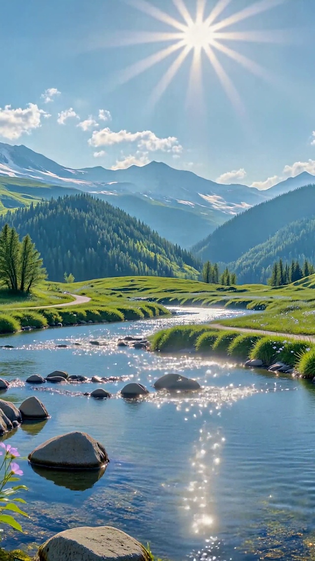晴天山谷溪流治愈风景