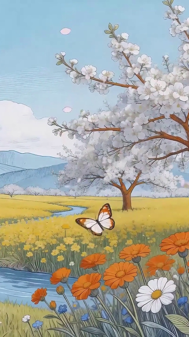 樱花树木河流