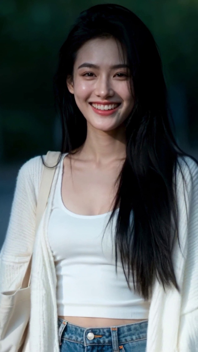 逆光街头甜笑长发美女