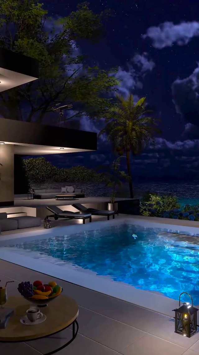 夜晚海边别墅泳池