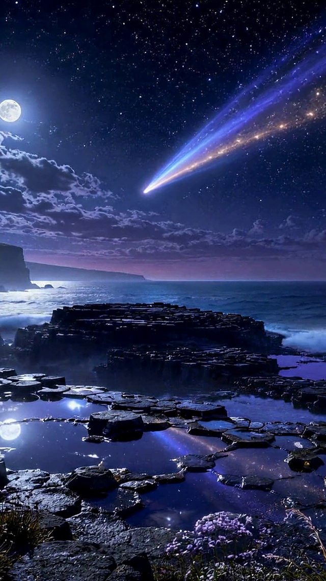 月夜海岸流星星空夜景