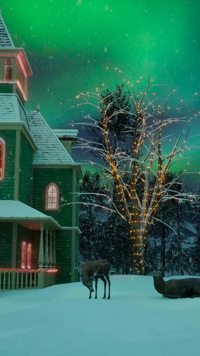 唯美极光雪夜圣诞屋