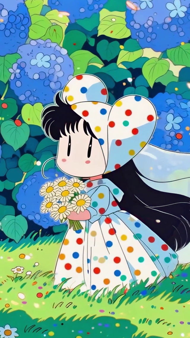 绣球花海里的波点裙少女