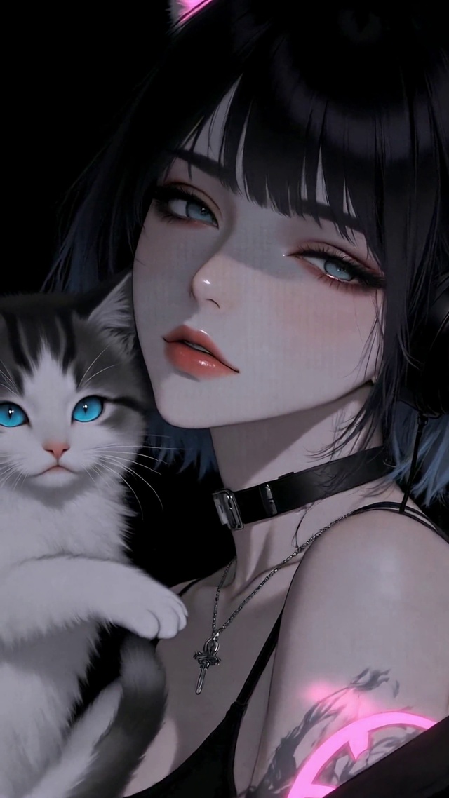 暗黑猫耳少女与蓝眼萌猫