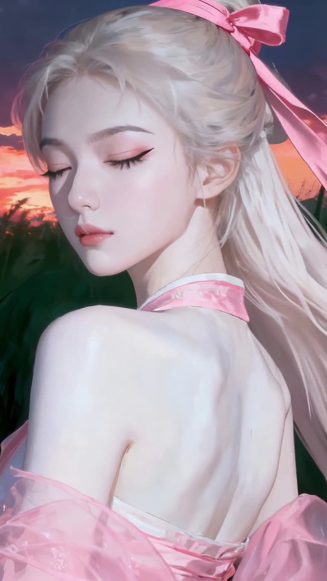 纯欲白月光女孩夕阳芦苇丛中回眸
