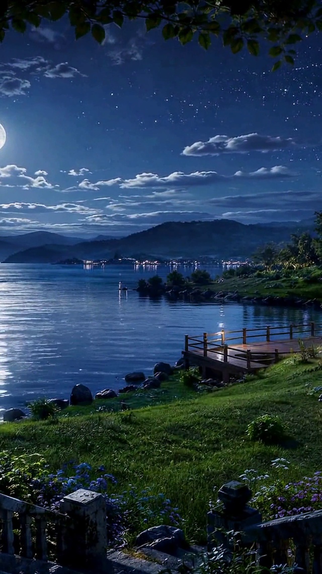 静谧月夜湖畔星空风景
