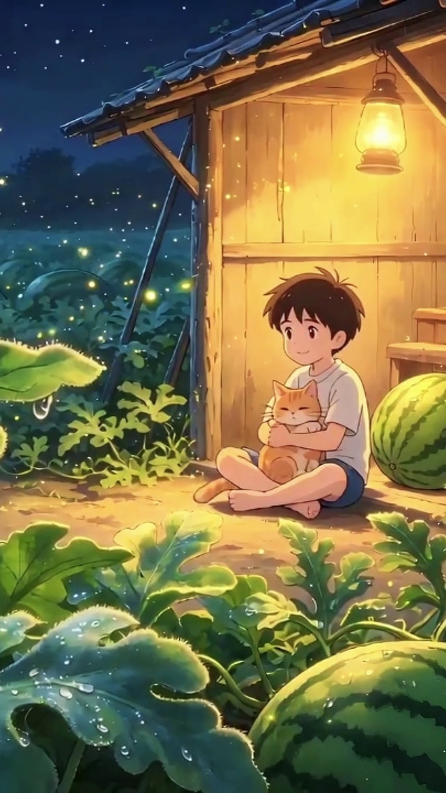 星空下西瓜地的猫与少年