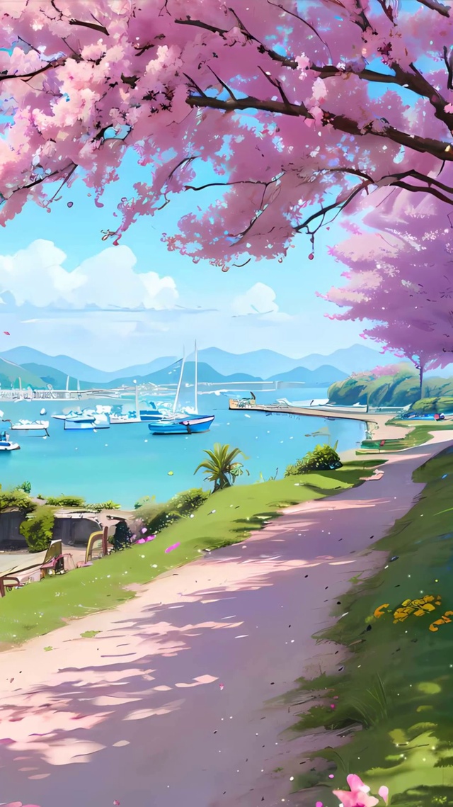白云樱花树木海景