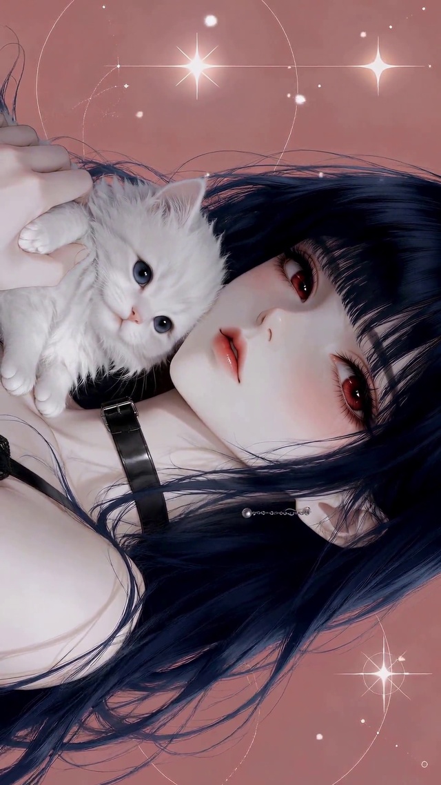 蓝发红瞳少女与可爱白猫