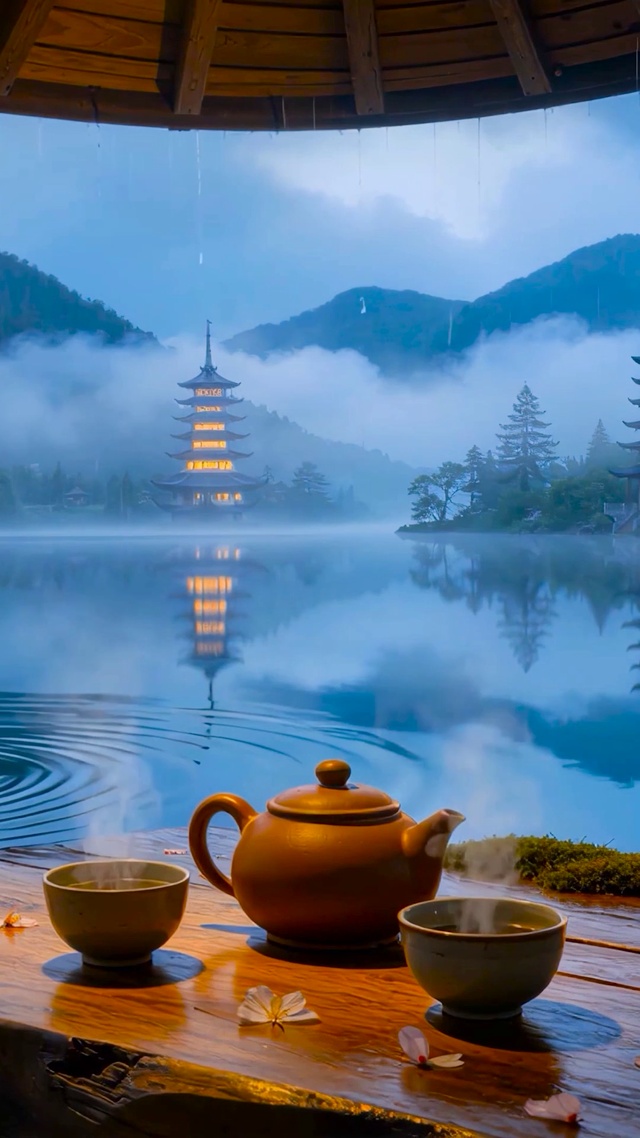 国风雨景湖面