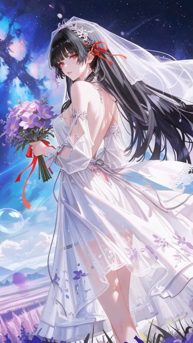 薰衣草花海里的白纱少女