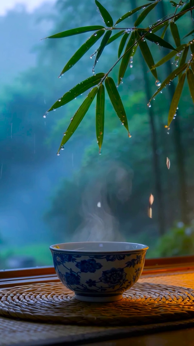 窗外竹叶雨景