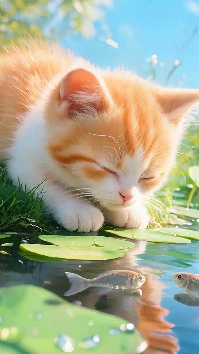 猫咪望着池塘鱼