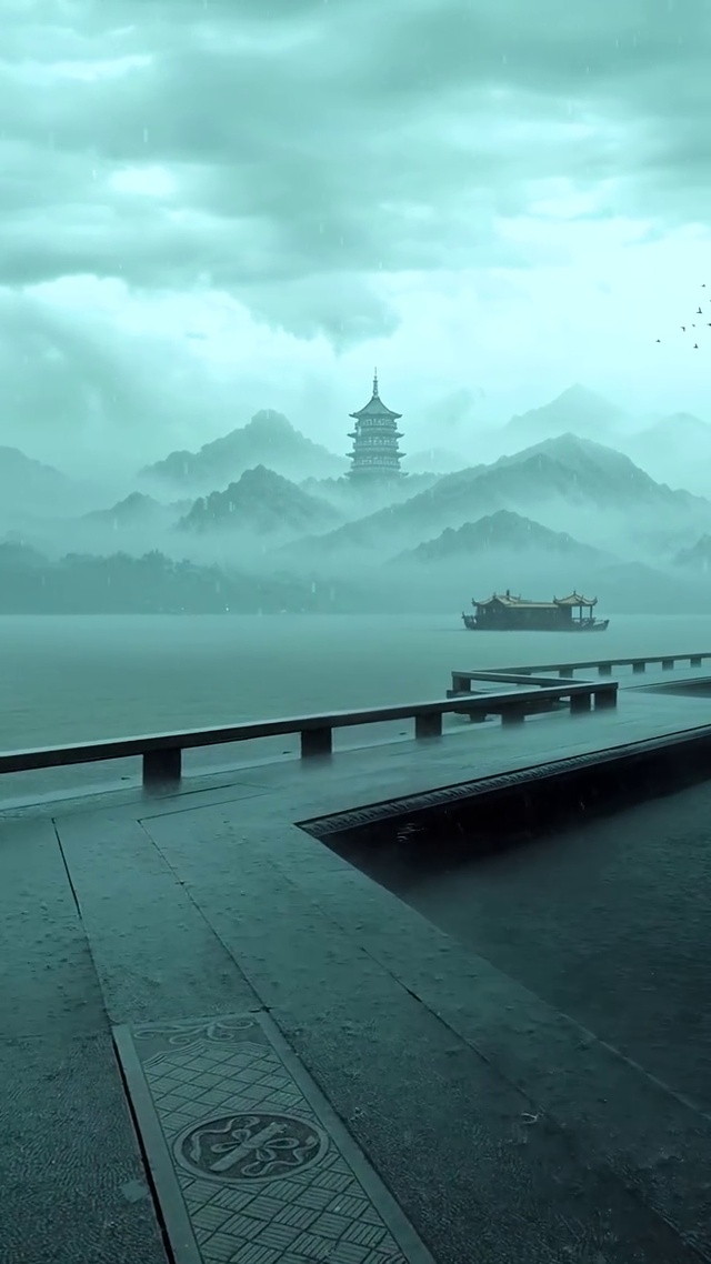 大自然中西湖烟雨美景