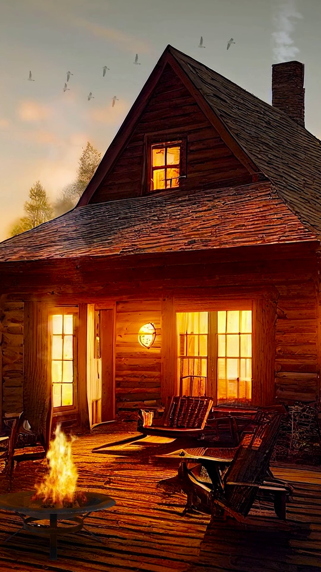 唯美傍晚湖边篝火木屋