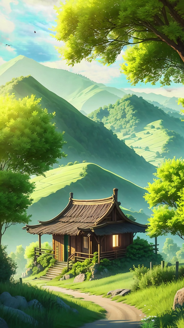 治愈绿色护眼山川木屋