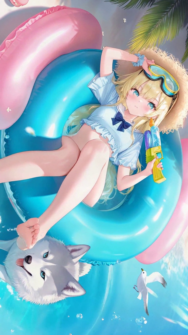 夏日泳装少女与哈士奇