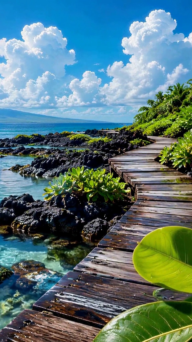 清新海边栈道治愈风景