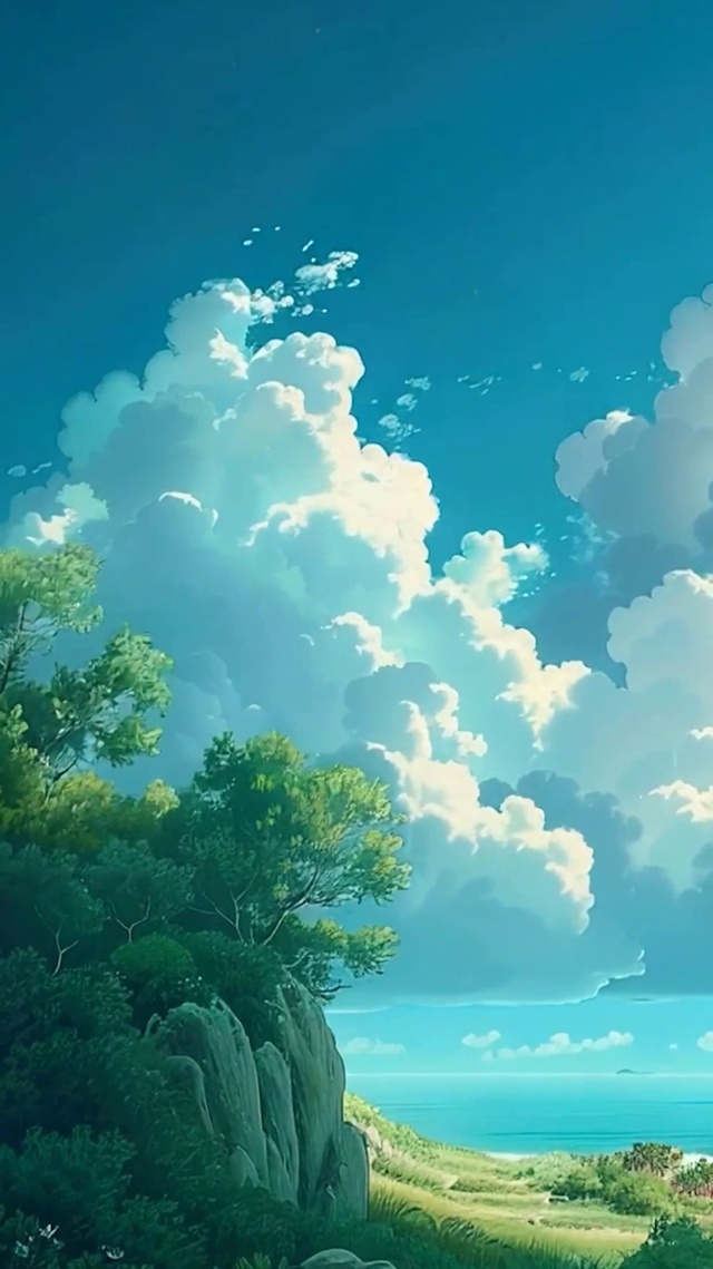 蓝天白云树木海景