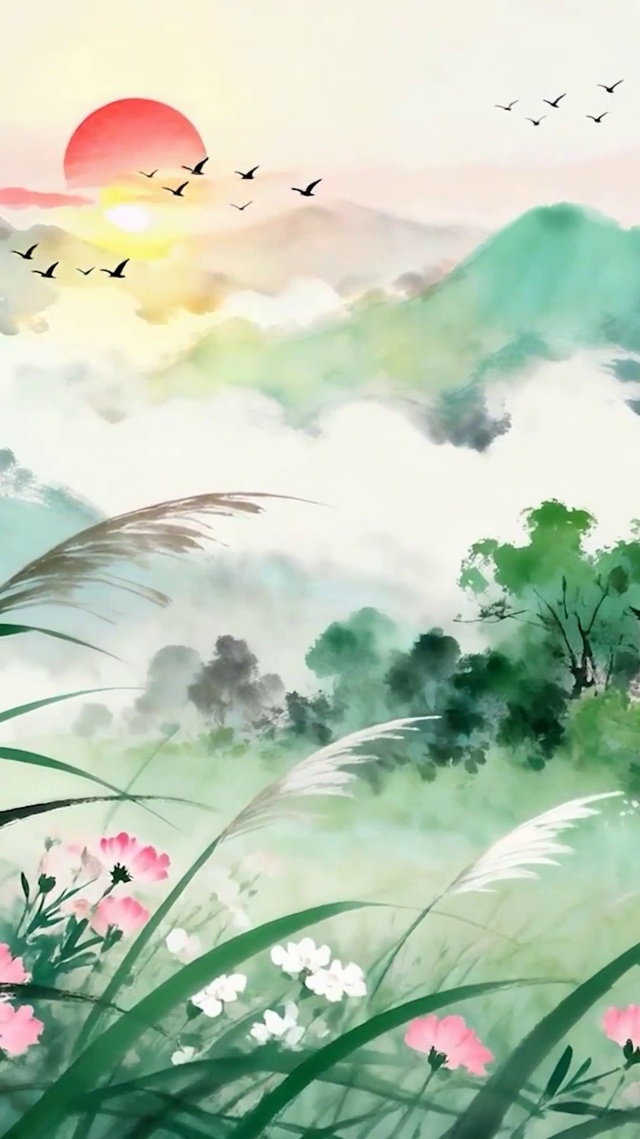 古风夕阳树木