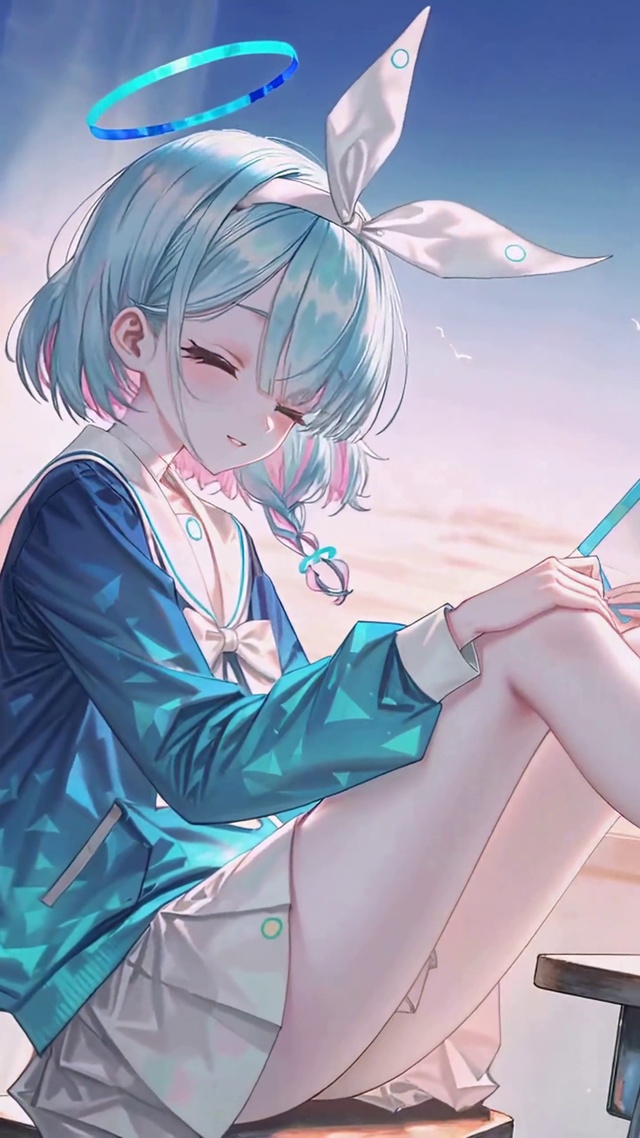 窗边暖阳蓝发二次元美少女