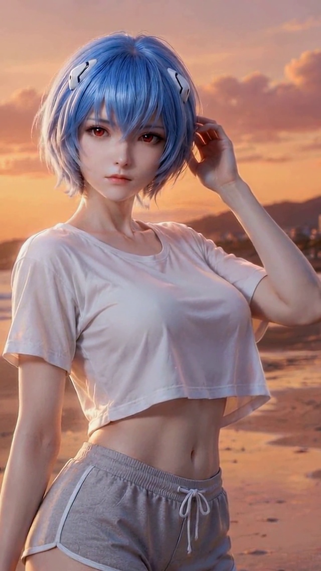 夕阳海滩蓝发二次元美少女