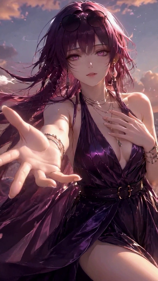 落日海岸紫发二次元美少女