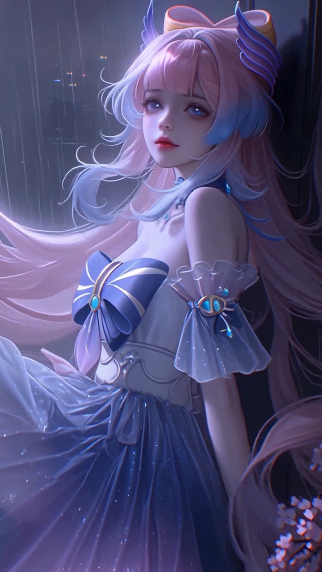 雨夜窗边蓝裙粉发美少女