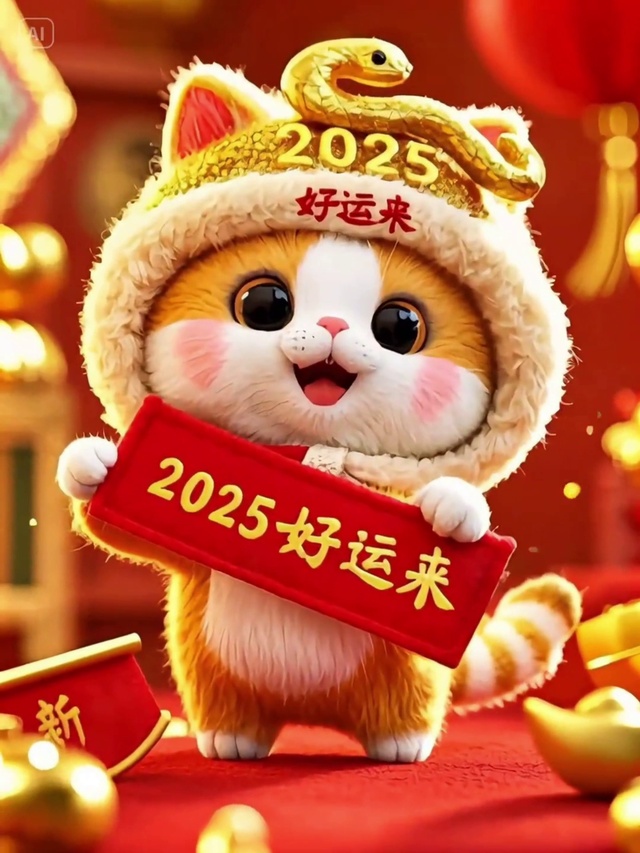 2025年蛇年小猫祝你好运连连 AI动态壁纸 新年壁纸 蛇年好运来好运连连 戴着金蛇帽子的小猫 