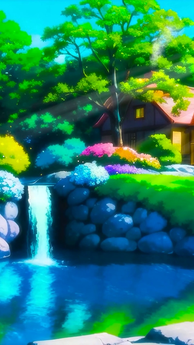 唯美治愈插画春天河边小屋