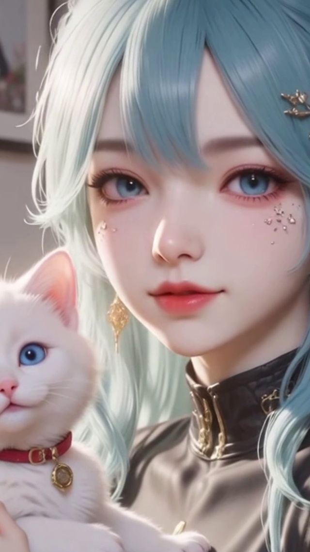 温馨居家女孩和猫