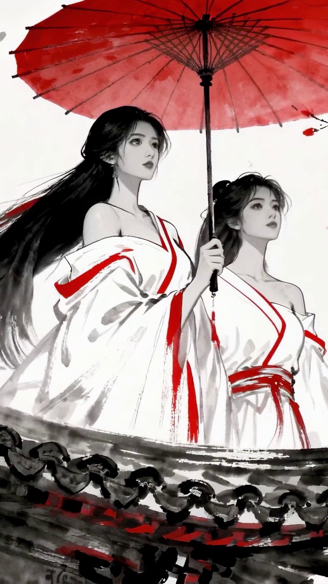 水墨古风红伞双美人