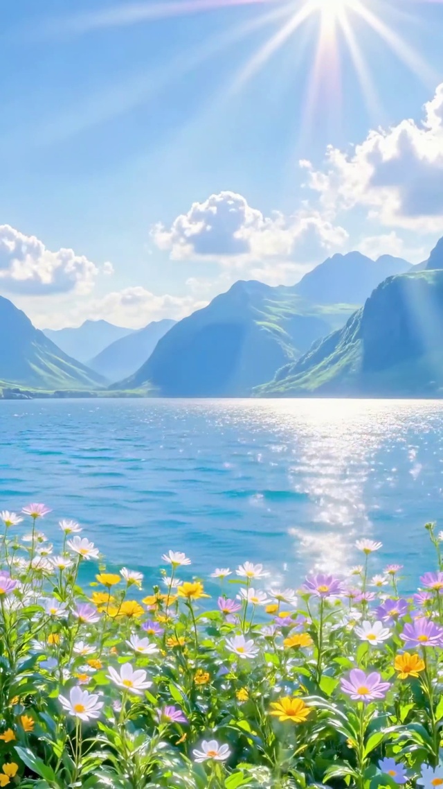阳光下的山湖花海